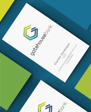 Gatehouse Bank business card with the logo and contact details on a colorful background of geometric shapes.