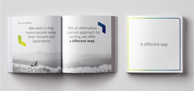 Open booklet displaying Gatehouse Bank's purpose statement with imagery and the tagline 'A different way' on the opposite page.