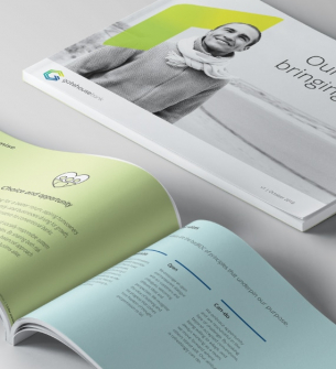 Gatehouse Bank branded brochure with open pages showcasing content in green and blue, featuring a black-and-white image of a smiling person.