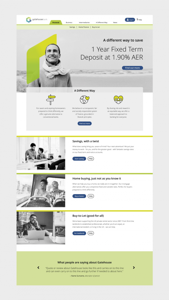 Gatehouse Bank homepage showcasing services like savings, home buying, and buy-to-let, with a 1-year fixed-term deposit offer and a smiling man in the header.