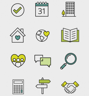 Set of 12 icons representing checkmark, calendar, building, tree, house, globe, book, family, chat, magnifying glass, calculator, and signpost.