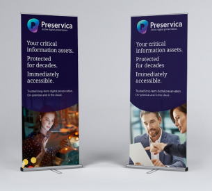 Two vertical banners with text and images. The left banner shows a woman using a tablet, and the right banner shows two people looking at documents. Both banners have a purple background with the text: 