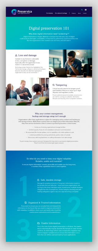 Webpage with gradient background and text. Header: 