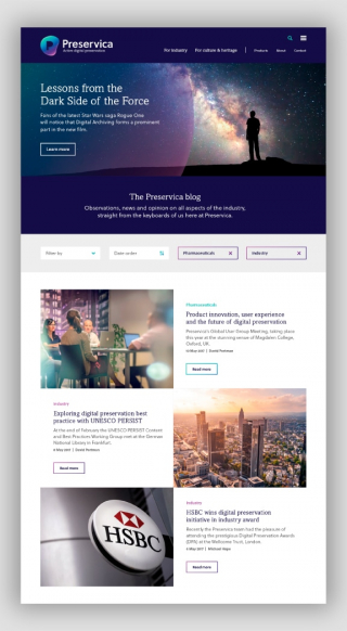 Website homepage with cosmic background and silhouette. Text: 