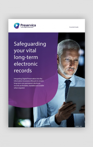 Man reading tablet, purple and white text. 