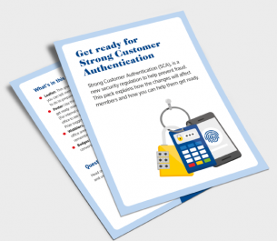 Two overlapping brochures with digital security imagery. The top brochure features a smartphone, a padlock, a calculator, and a fingerprint icon. Visible text: 