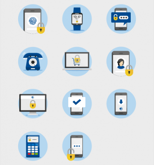 Twelve circular icons with technology and security. Top left: smartphone with fingerprint and lock. Top center: smartwatch displaying 