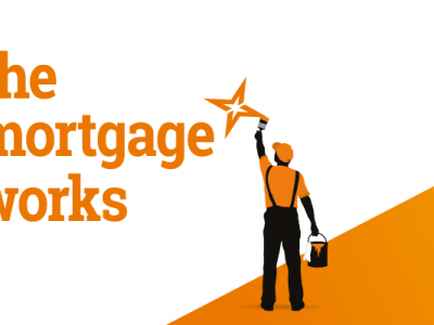 The Mortgage Works logo featuring a worker painting a star with orange and black color scheme.