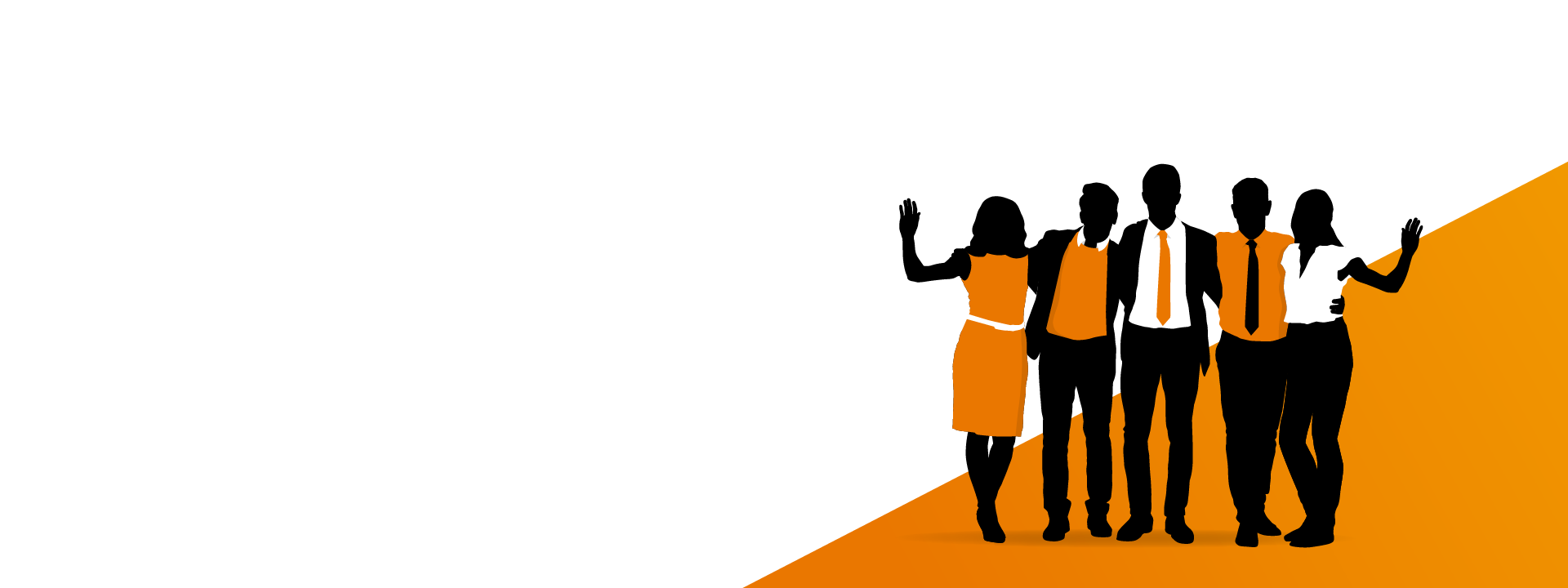 Silhouettes of five people in orange and black clothing, standing together with hands raised, against an orange and white background.