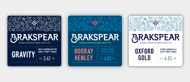 Three square beer labels with decorative patterns. Left label: Dark blue background with white floral pattern. Text: 