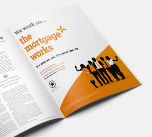 Magazine ad for The Mortgage Works with 'We work so... the mortgage works' slogan, featuring silhouettes of people in an orange and black design.