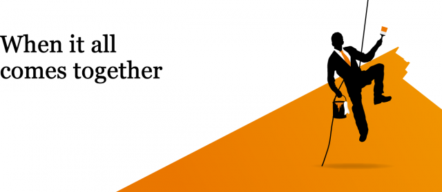 Illustration of a person climbing a slope with a paintbrush, accompanied by the text 'When it all comes together' in a bold font.