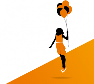 Silhouette of a girl holding balloons, floating upward with a vibrant orange gradient background.