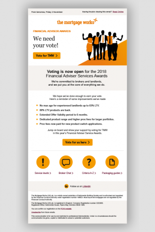Email campaign for The Mortgage Works featuring a 'Vote for TMW' call to action, with a group of people in silhouette.
