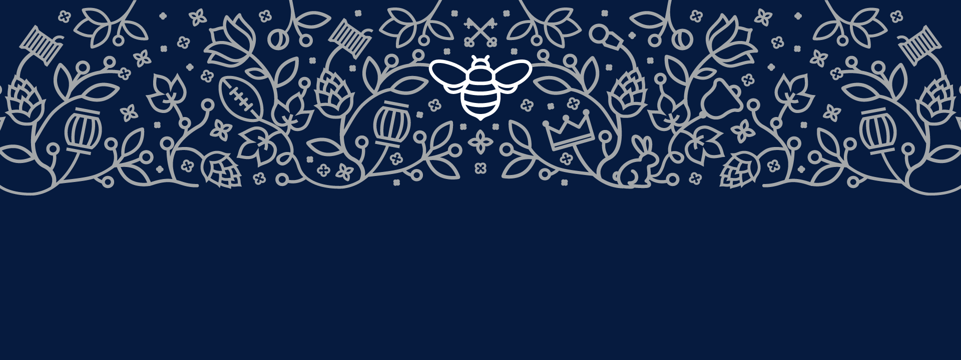 Intricate floral pattern with bee motif. Visible elements include leaves, flowers, a bee, a crown, a rabbit, a football, a comb, a key, and a lantern. No text present.