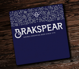 Navy blue coaster with white illustrations. Text: 