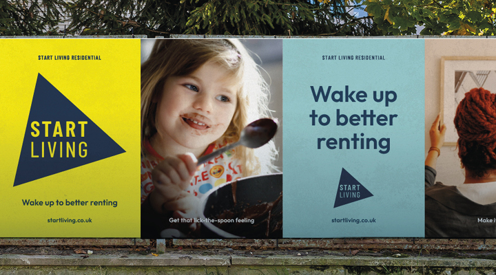Three-panel advertisement with text and images. Left panel: Yellow background with a blue triangle, text reads "START LIVING" and "Wake up to better renting" with "startliving.co.uk" below. Middle panel: Smiling child with chocolate on face holding a spoon, text reads "Get that lick-the-spoon feeling." Right panel: Person with red hair facing away, text reads "Wake up to better renting" and "startliving.co.uk" with a small blue triangle logo.