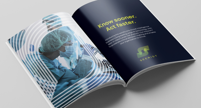Open Seerist brochure with a healthcare professional on one page and the message 'Know sooner. Act faster.' on the opposite page.