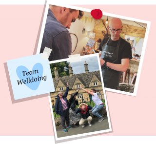 Two photos on a pink background. The top photo shows a man in a black apron working with tools. The bottom photo features four people posing playfully in front of stone buildings. A blue heart shape on the left reads 