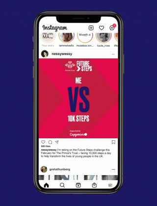 Animated Instagram post showing a challenge graphic for 'Future Steps' with text 'Me vs 10K Steps' and a mobile phone frame.