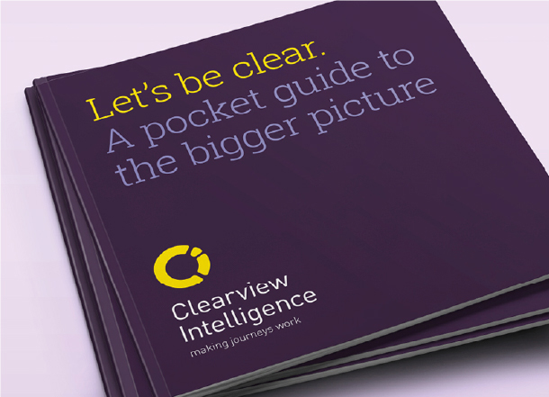 Clearview Intelligence brochure titled 'Let’s be clear. A pocket guide to the bigger picture' with the logo in yellow and purple.