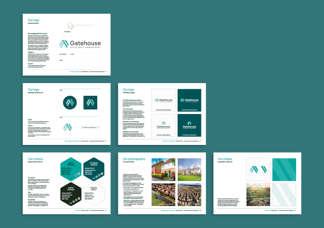 Six-page brand guideline document with logo and text. Visible text includes: 