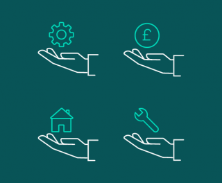 Four outlined hands holding icons on teal background. Top left hand holds a gear icon. Top right hand holds a pound currency symbol. Bottom left hand holds a house icon. Bottom right hand holds a wrench icon.