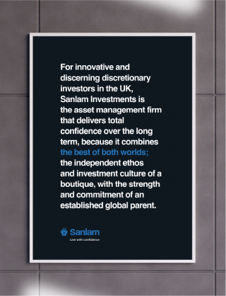 Sanlam Investments UK campaign image with a prominent graphic of the globe in blue and bold text, showcasing the message 'Established backing, Boutique attitude.'