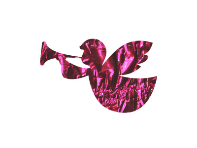 Pink foil angel silhouette with trumpet. No visible text.