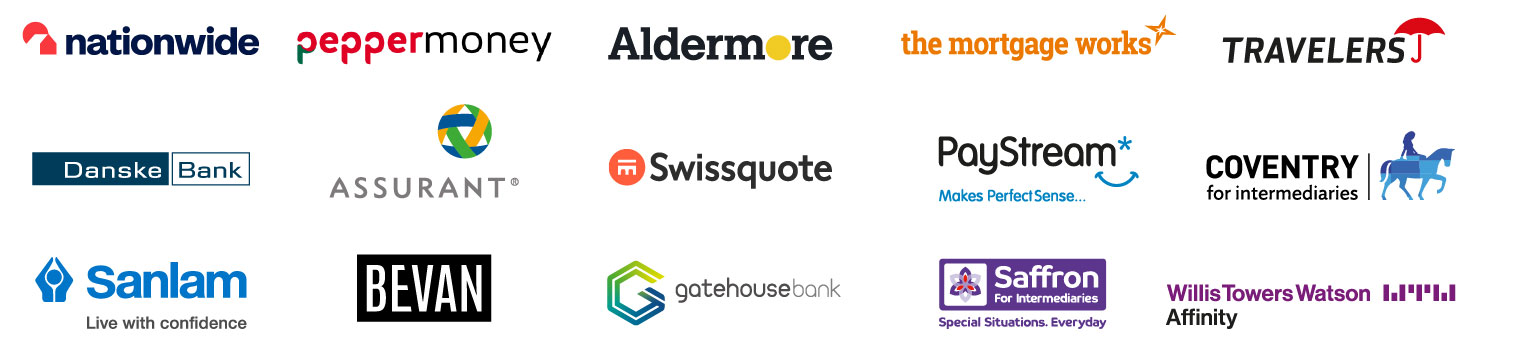 Logos of various financial institutions and companies. Text includes: "nationwide," "pepper money," "Aldermore," "the mortgage works," "TRAVELERS," "Danske Bank," "ASSURANT," "Swissquote," "PayStream Makes Perfect Sense...," "COVENTRY for intermediaries," "Sanlam Live with confidence," "BEVAN," "gatehouse bank," "Saffron For Intermediaries Special Situations. Everyday," "Will