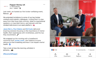 Facebook post from Pepper Money UK showcasing a broker wellbeing event with two speakers, Jason Berry and Paul Adams, and an audience at the event.