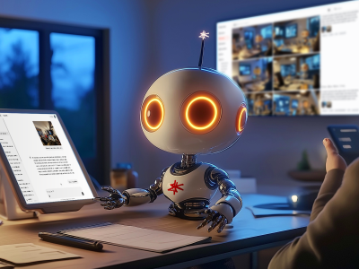 Small robot with glowing eyes at desk. The robot is looking at a tablet displaying text. Visible text on the tablet includes: "The Future of AI" and "Read More." In the background, a computer screen shows multiple surveillance camera feeds. The room is dimly lit with a window showing a night scene.