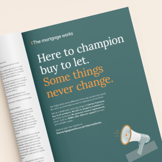 Brochure page for The Mortgage Works featuring the tagline 'Here to champion buy to let' with a megaphone illustration and the message 'Some things never change.'