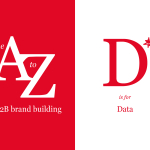Red and white split background with text. Left side: "A to Z of B2B brand building" in white on red. Right side: "D is for Data" in red on white.