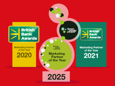 Graphic image depicting the three awards wins from the British Bank Awards for Marketing Partner of the Year, 2020, 2021 and 2025