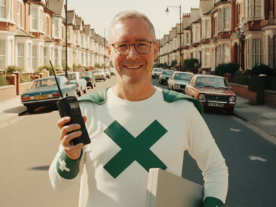 Steve Turner stands smiling in the middle of a residential street lined with British terraced houses, styled as a 1980s Green Cross Code Man-inspired cyber superhero. He wears a white costume with green sleeves featuring a large green 'X' symbol across the chest, and holds a vintage brick mobile phone. The image has a warm, nostalgic 1980s colour grade with parked cars visible along both sides of the street, evoking the era when the Green Cross Code Man appeared on British television teaching road safety.